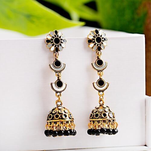 Retro Red Flower Indian Bollywood Kundan Jhumka Earrings For Women Ethnic Beads Tassel Bell Gypsy Fashion Jewelry