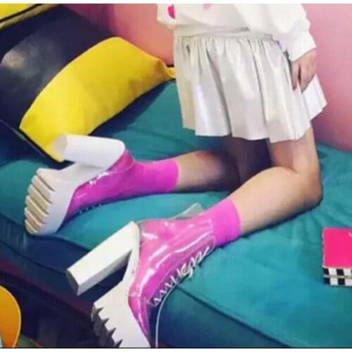 Street Fashion Girl Transparent PVC Ankle Boots High Platform Chunky Super Heel Lace up Booties Black Clear Lucency Martin Boots