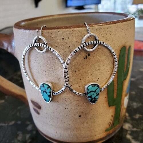 Vintage Silver Round Circle Turquoise Stone Dangle Earrings for Women Trendy Geometric Statement Earrings Jewelry Wholesale