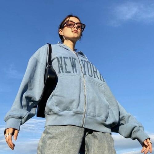 Women’s Letter Embroidery Oversized Sweatshirt Spring Autumn Long Sleeve Zip Up Loose Casual Hoodies Coat 90s Vintage Streetwear