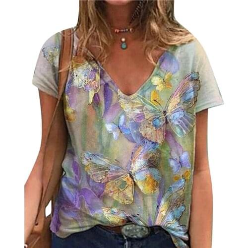 Ladies T-Shirts Tops New Fashion Womens Printed Short-sleeved T-shirt Casual V-neck Hot Sale Tee Shirts 2021 Summer