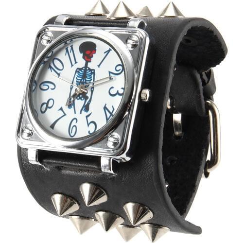 Women Men Punk Style Quartz Wrist Watch with Skeleton Pattern Dial Wide Rivet Strap Cool Watches TT@88