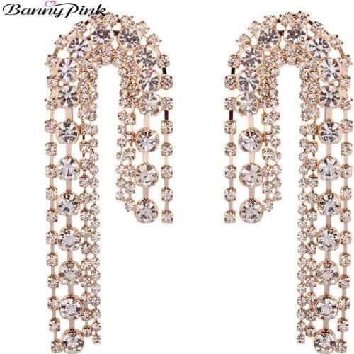 Banny Pink Wedding Rhinestone Chain Tassel Earrings For Women Shiny Crystal Statement Post Earrings luxury Geometric Earrings