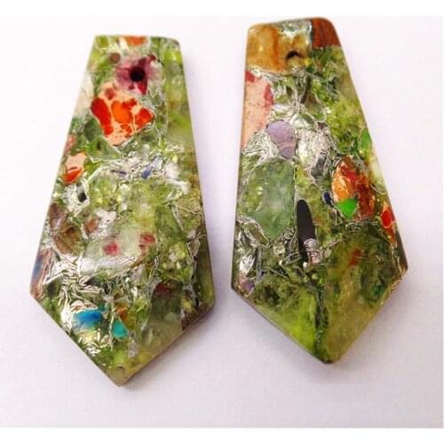 2Pcs 32x18x5mm Colourful Gold Sea Sediment Jasper & Pyrite Shield Pendant Bead For DIY Earrings Accessories M313