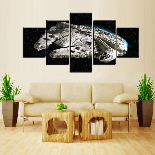 5 Piece Canvas Wall Art - Illustration - Spaceship Crashed on Black Field Illustration Painting - Modern Home Decor