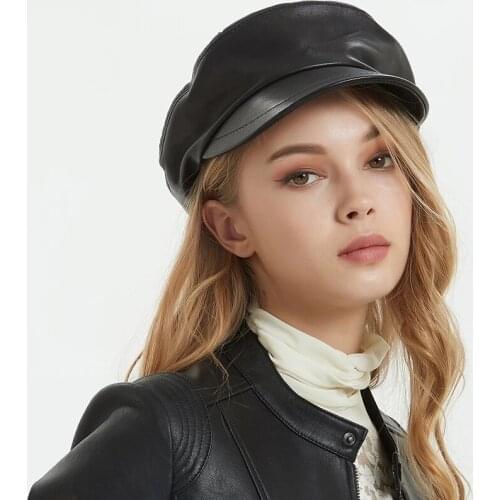 Beret Hats For Women Novelty Harajuku 2021 Winter Korean British Fashion Genuine Leather Navy Caps Ladies Short Brim Flat Czapki