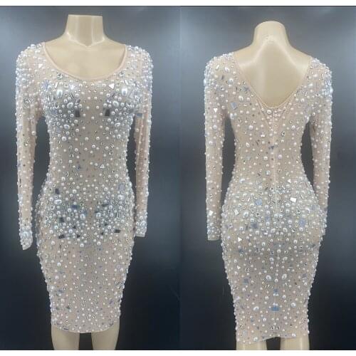 Shining Rhinestones Pearls Transparent Mesh Dress Women Sexy See Through Evening Party Dress Birthday Celebrate Dress Stage Wear