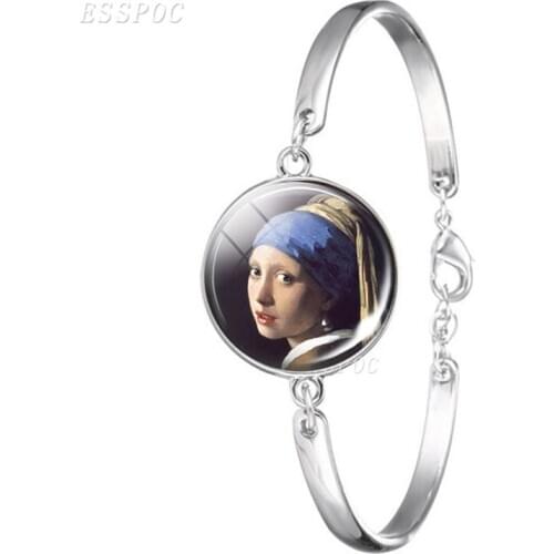 Girl with a pearl earring Silver Color Bangle Classic Art Painting Glass Cabochon Jewelry Bracelet Retro Oil Painting Women Gift