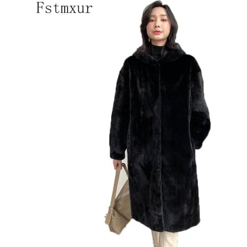 Fstmxur 2021 New Update Winter Copenhagen Imports Velvt Mink Fur Coat Womens Jacket Full Sleeve With Fur Hood Long Mink Coats
