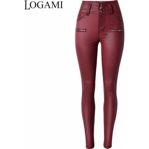 LOGAMI Skinny Pu Leather Pants for Women high Waist Slim Faux Leather Trousers Clothes Pants Autumn Wine Red