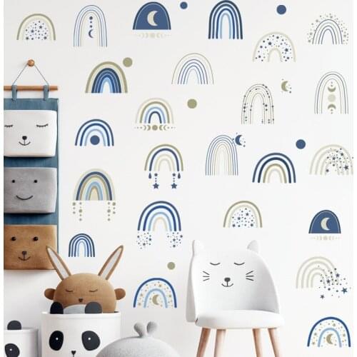Blue Rainbow Wall Stickers Kids Bedroom Wall Decoration Teenager Boy Girl Room Decor Aesthetic Nursery Background Wall Art Mural