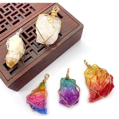 Natural Stone Crystal Pendant Irregular Shape Hand-wound Colorful Gradient Necklace Pendant DIY Fashion Exquisite Accessories