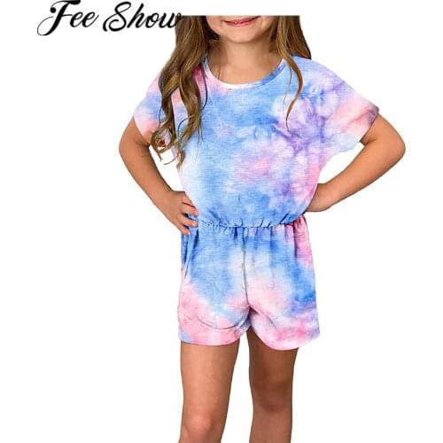 2021 Summer New Kids Girls Clothes Tie-Dye Short Sleeve Romper Jumpsuit One Piece Outfit Overalls Short Pants Children Clothing
