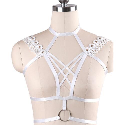 Sexy Bondage Harness Fetish Rave Wear Crop Top Bra White Body Cage Bra Flowers Wedding Lingerie Handmade Body Harness