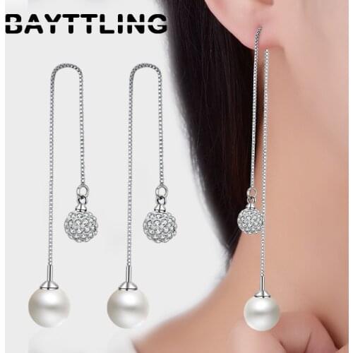 BAYTTLING 925 Sterling Silver 150MM Charm Long Fringed Ball Zircon Pearl Drop Earrings For Woman Fashion Party Gift Jewelry