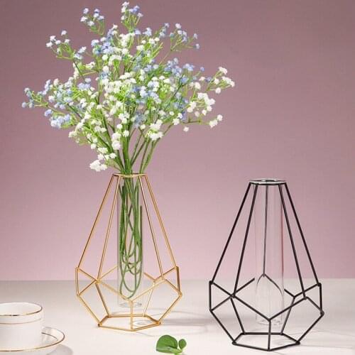 Nordic Simple Golden Glass Vase Home Hydroponic Plant Flower Vase Iron Geometric Glass Test Tube Metal Plant Holder