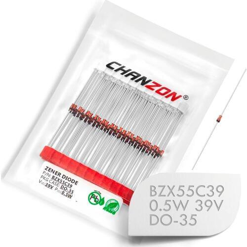 100 Pcs) BZX55C39 BZX55C39V (1N5259B) Zener Diode 0.5W 39V DO-35 (DO-204AH) 0.5 Watt 39 Volt IN5259B 1N5259