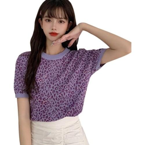 Women Leopard Print Short-sleeved Tshirt Summer Short Sleeve Korean Style Casual Tee Shirt Tops