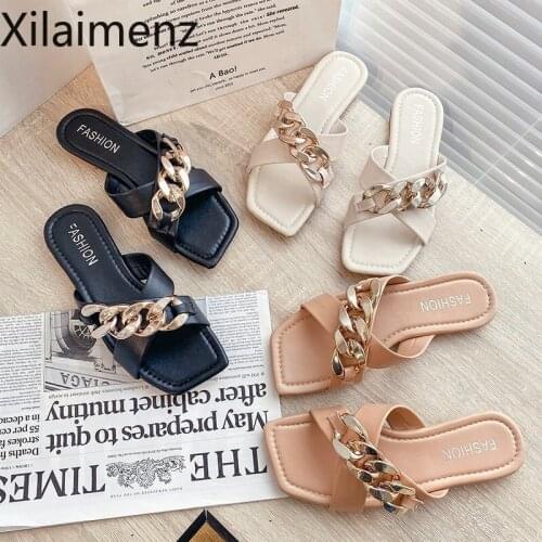 2021 Women Slippers Summer Fashion Decoration Chain Design Cross Upper Open Toe Flat Sandals Solid Color Outdoor Women Shoes