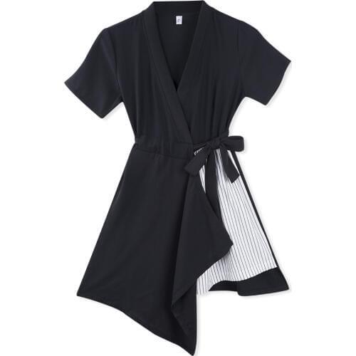 Neatie kiddie Fashion High Street Black White Patchwork Short Sleeve Irregular Dress Slim V-neck Midi Female Vestidos Dresses