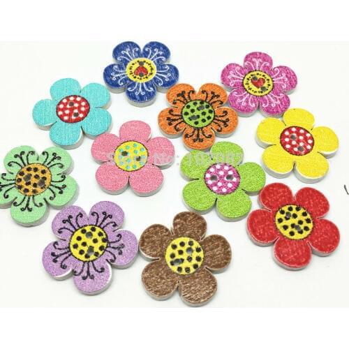 200pcs 20mm Mixed Wood Flower Buttons 2-hole Button Embellishments Cardmaking for Scrapbooking