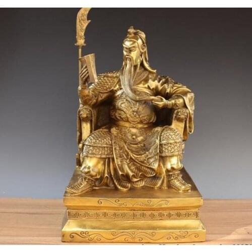21" Chinese Brass Copper Dragon Chair Guan Gong Guan Yu Read Book Warrior God Statue