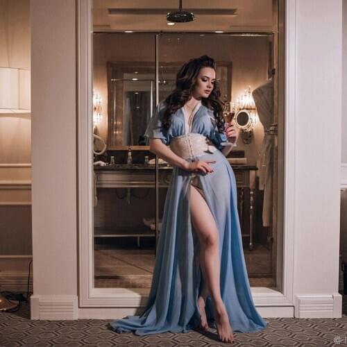 Pale Blue Long Wedding Dressing Gown Short Sleeve Women Sleepwear Bathrobes Nightgowns Robe Bridal Boudoir Dresses Kimono Sexy