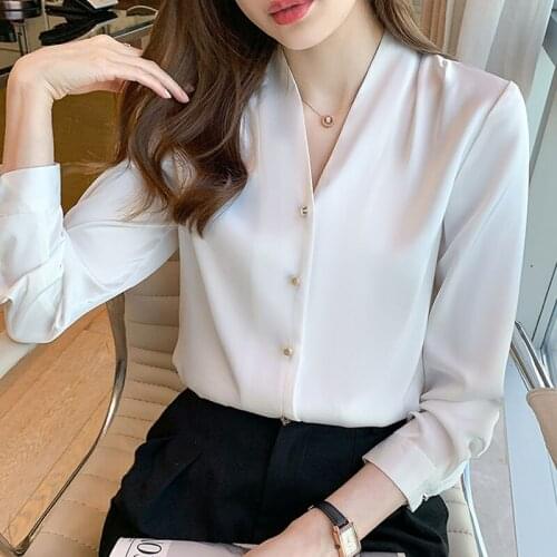 Blusas Elegantes Female Tops 2021 Autumn Retro Satin Shirt Silk Black Long Sleeve V-neck White Shirt Solid Blouses Button 1112