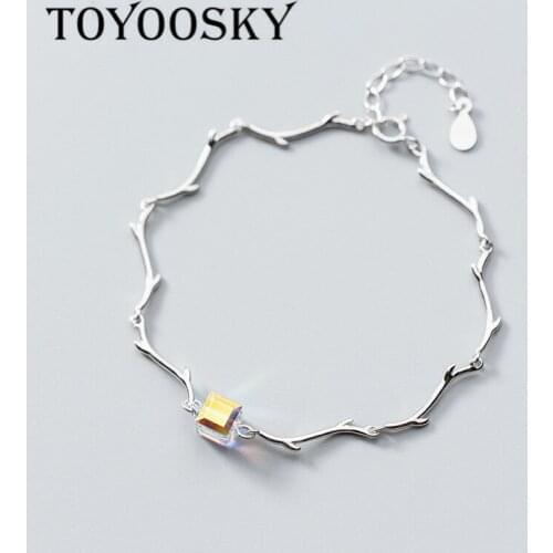 925 Sterling Silver Colorful Candy Crystal Square Bracelet For Women Geometric Summer Branch Chain Jewelry Hand Ornament