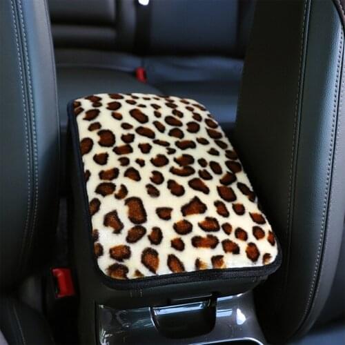 Car Armrest Box Pad Cover Winter Leopard Print Short Plush Thick Non-slip Center Console Armrest Box Cover Cushion for Auto SUV