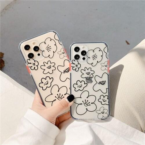 Retro Kawaii ink line art flowers painting japanese Phone Case For iPhone 12 11 Pro Max Xr Xs Max 7 8 Plus 7Plus case Cute Cover