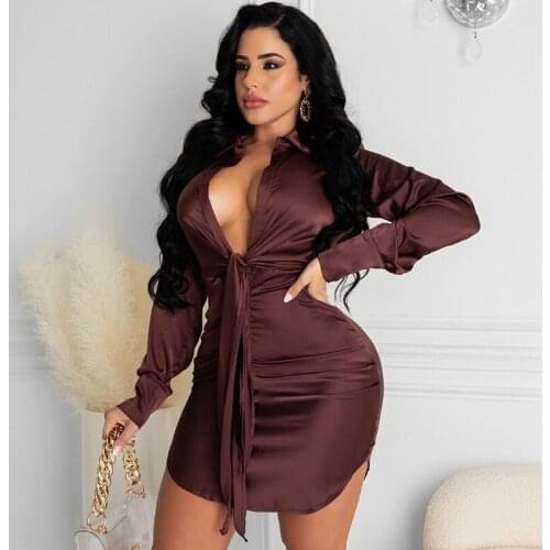 Glossy Satin Shirt Dress Women Elegant V-neck Long Sleeve Bodycon Dress Turn-down Collar Party Club Dresses with Sashes Vestidos
