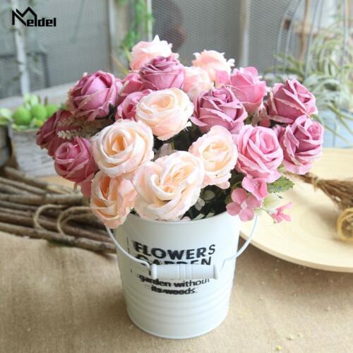 Meldel 6 Heads White Peony Bouquet Artificial Peonies Flowers Polyester Silk Roses Pink Blue Wedding Home Decoration Fake Flower