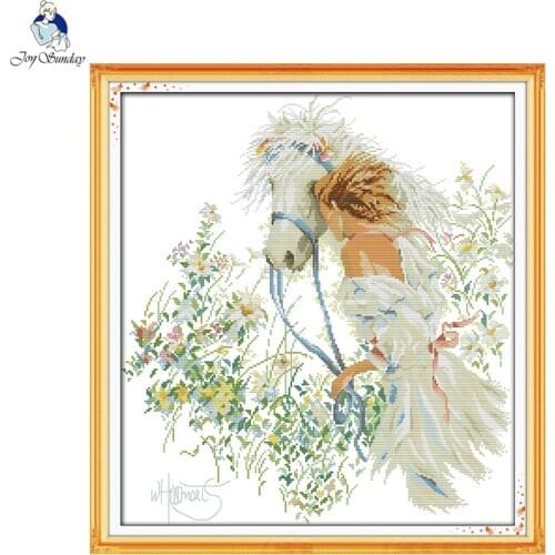 Joy Sunday White Horse and Girl Pattern living Room Decoration DIY Handwork Embroidery Cross Stitch 11CT 14CT Factory Wholesale