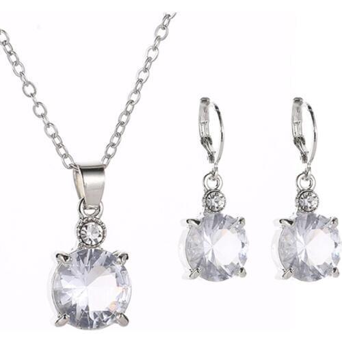Round Shiny Crystal Claw Silver Plated Dangle Earrings Necklace Jewelry Sets for Women