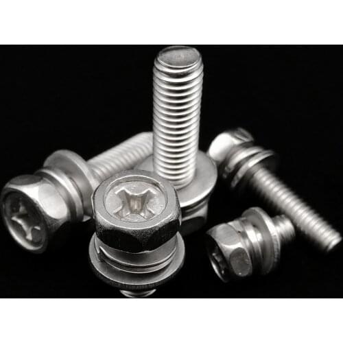 M3 M4 M5 M6M8 Stainless Steel External Hex Hexagon Cross Phillips Head SEM Screw Bolt With Flat Washer Spring Gasket Combination