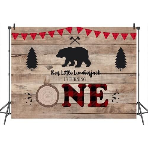 Neoback Baby Shower Photographic Background Lumberjack Wood Bear Banner Decoration Photography Backdrops Studio Shoots