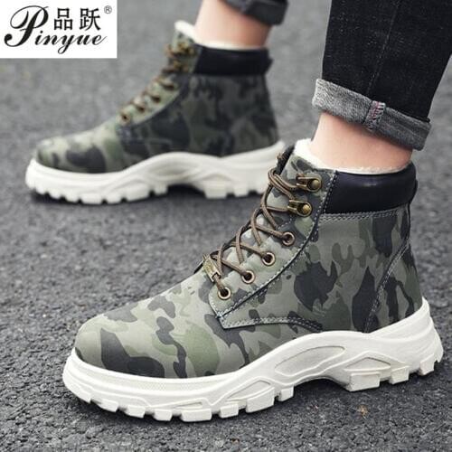 39-44 leather boots men brand comfortable fashion Casual winter boots Camouflage warm cotton shoes