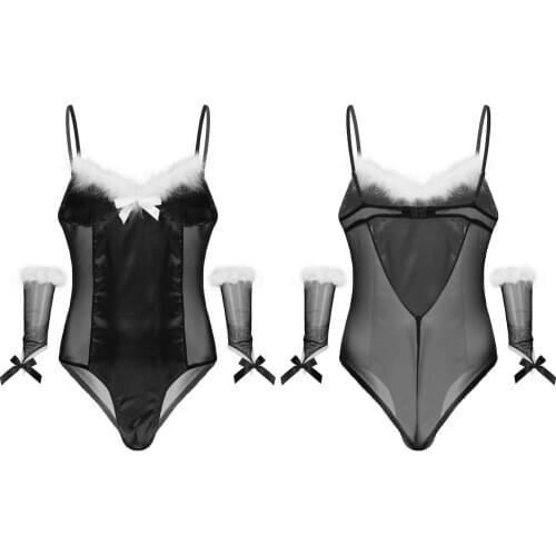 Mens Sissy Mesh Satin Patchwork Bodysuit Christmas Costumes Clubwear Feather Trimming Exotic Bodysuit Teddies with Oversleeve