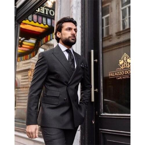 Black Pinstripe Men Blazer 2 Piece Groom Tuxedos For Wedding Formal Prom Suit (Jacket+Pants) Chic Streetwear Custom Made