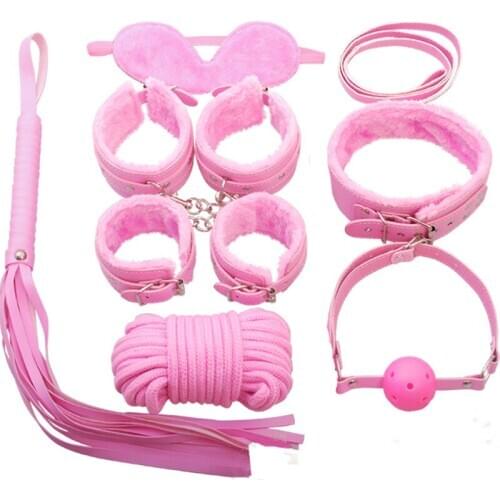7 Pcs set Sex Product Erotic Toys Adults Bdsm Bondage Set Tail Anal Plug Handcuffs Nipple Clamps Gag Whip Rope Toys For Couples