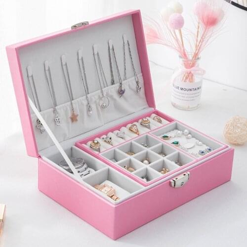 New Design Two-Layer Travel Jewelry Organizer Case Smooth Leather Display Storage Box with Lock