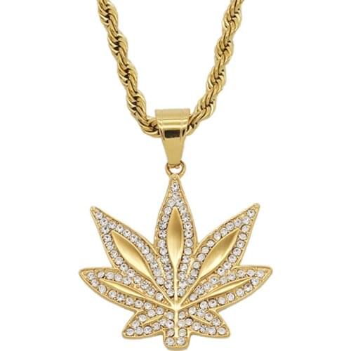 Hip Hop Hemp Leaf Pendant Necklace For Men Gold Color Stainless Steel Cubic Zircon Iced Out Hiphop Jewelry With Twist Rope Chain