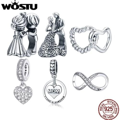 WOSTU Authentic 925 Sterling Silver Hot Sale Sweet Love Charms Pendant Fit Bracelet Women Party Fashion DIY Jewelry Gift Making