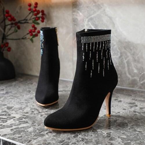 Short boots femininity new print high heeled shoes slim heel nightclub Rhinestone fashion Martin boots
