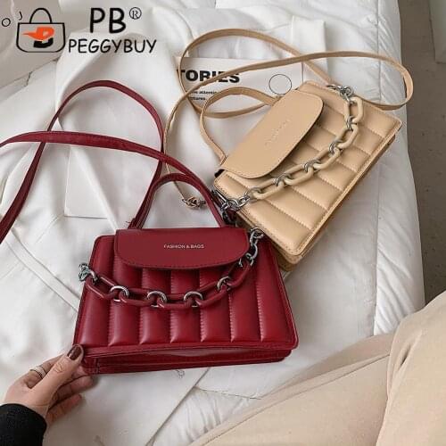Casual All-match Women Pure Color Thick Chain Handle Shoulder Crossbody Bag Fashion PU Leather Hasp Messenger Small Handbags