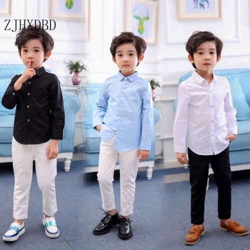 Hot Sale Children Boys Blue Shirts Spring 2020 Classic Solid White Top Cotton Long Sleeve Shirt for 2-16Yrs Autumn Kids Clothes