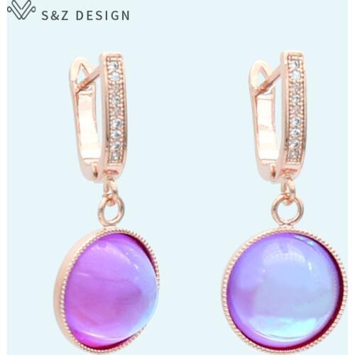 S&Z DESIGN 585 Rose Gold White Gold Fashion Luxury Colorful Round Crystal Dangle Earrings For Women Wedding Jewelry Party Gift