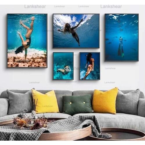 Modern Canvas Painting Figure Oil Painting Posters and Prints Blue Ocean Diving Goddess Pictures Living Room Corridor Home Decor