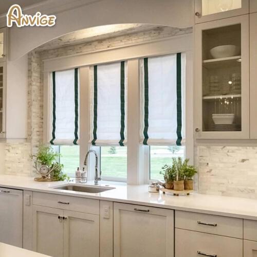Modern White and Green Full Blackout/Light Filter Roman Shades ,Easy Install Washable Curtains ,Customized Window Curtain Drape